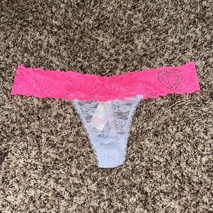 Pink and White Lace Thong with Heart Detail